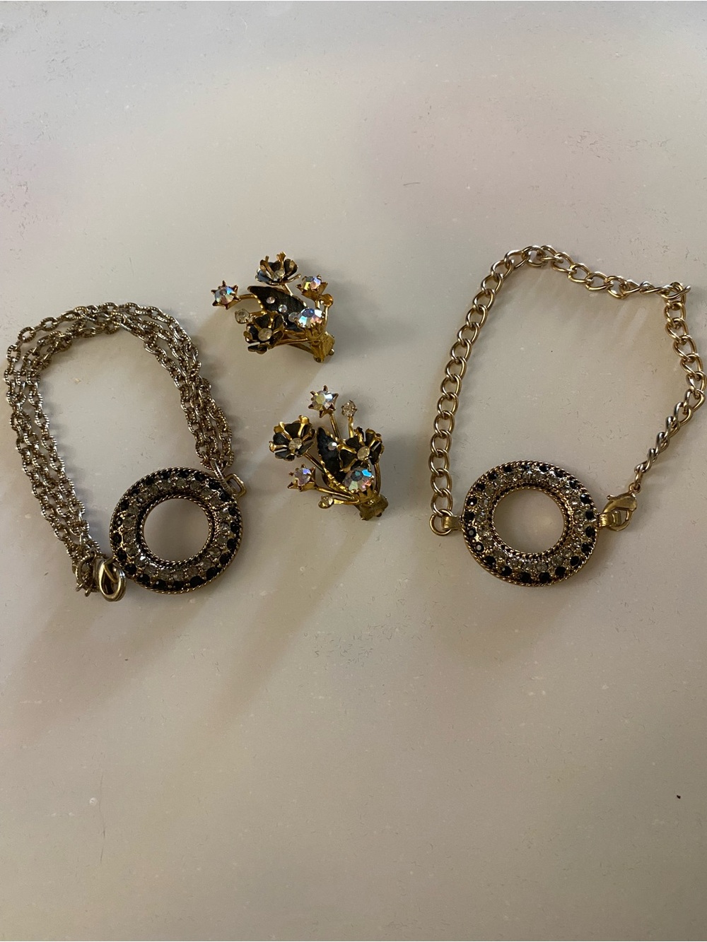 Gold-Tone Black Crystal Circle Bracelets - with Silver tone clip on ear rings